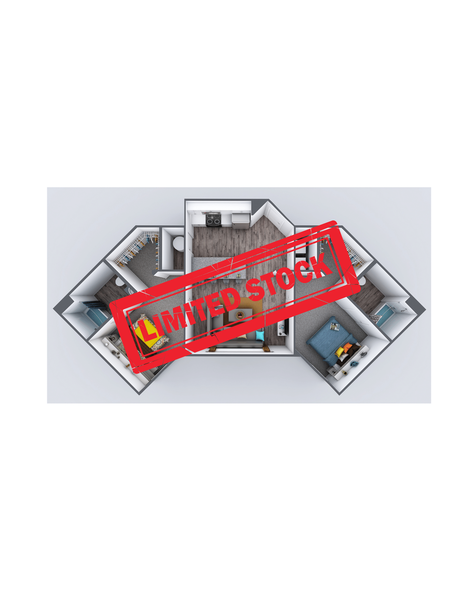 A 3D image of the 2BR/2BA – Premium floorplan, a 917 squarefoot, 2 bed / 2 bath unit